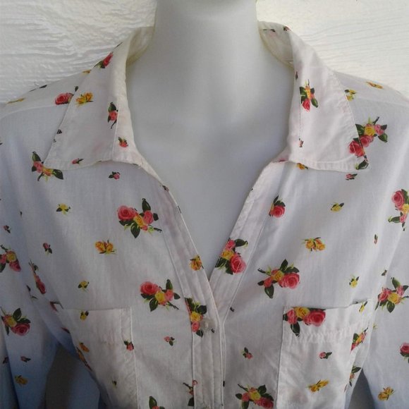 White Blue Floral Button Down Shirt Long Sleeves L - Picture 3 of 8